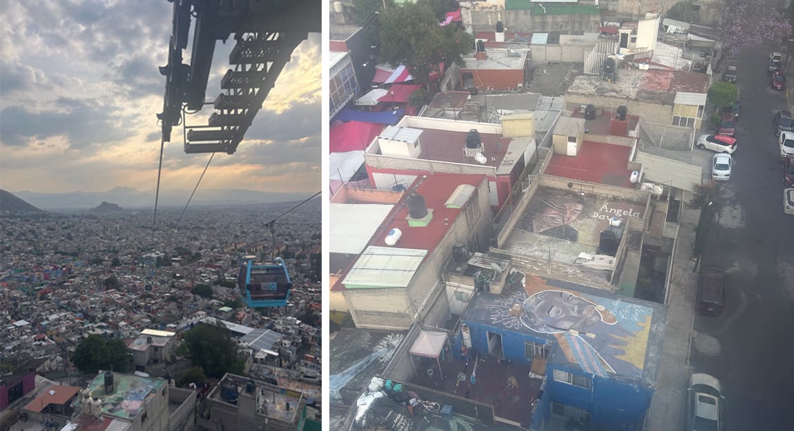 Left: View of Cablebús system connecting periphery areas of Mexico City; Right: Top view of colourful rooftop murals as seen from the Cablebús
